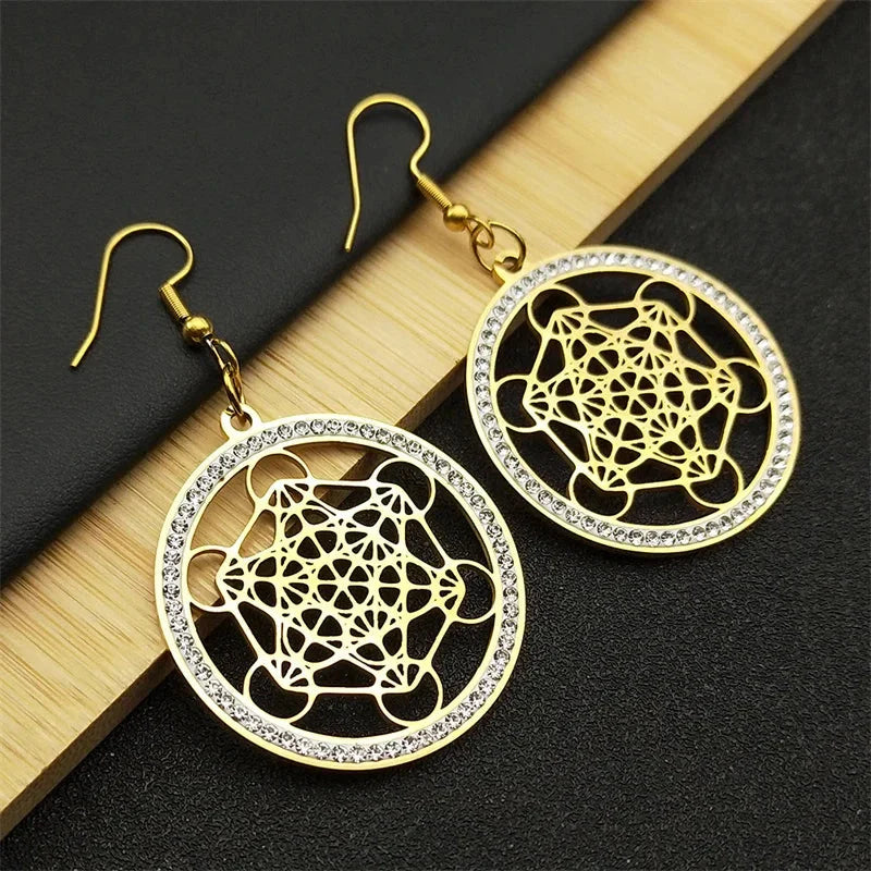 Metatron Cube Drop Earrings Gold