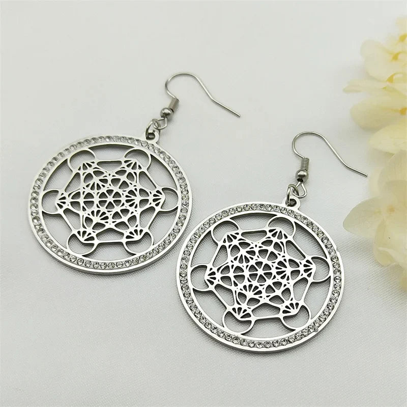 Metatron Cube Drop Earrings Silver