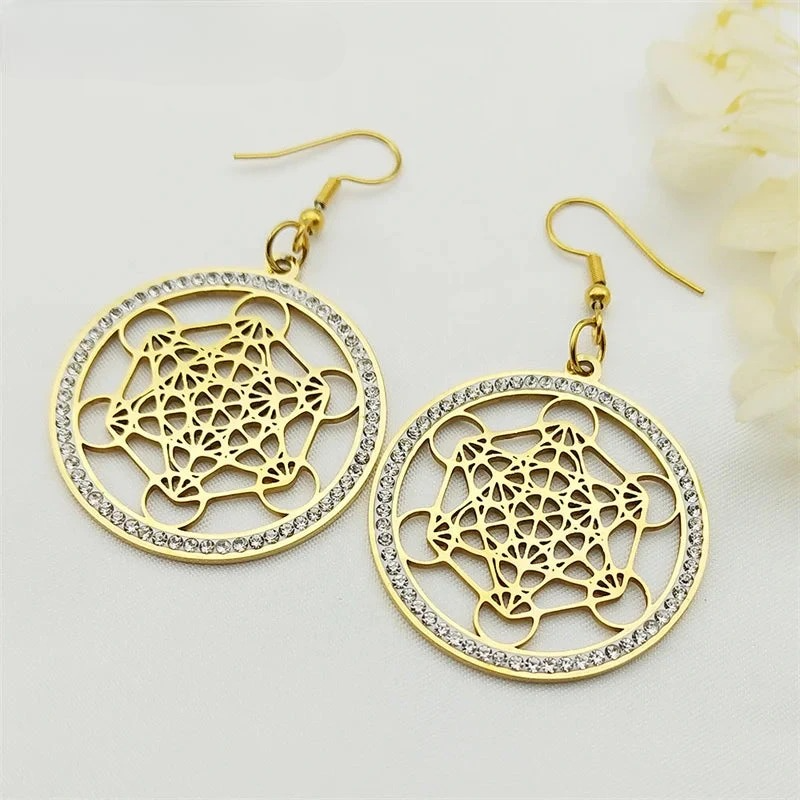 Metatron Cube Drop Earrings Gold