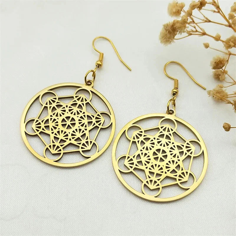 Metatron Cube Drop Earrings gold