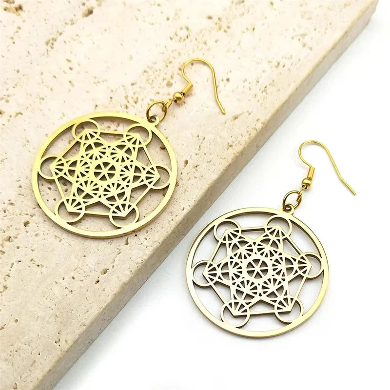 Metatron Cube Drop Earrings gold
