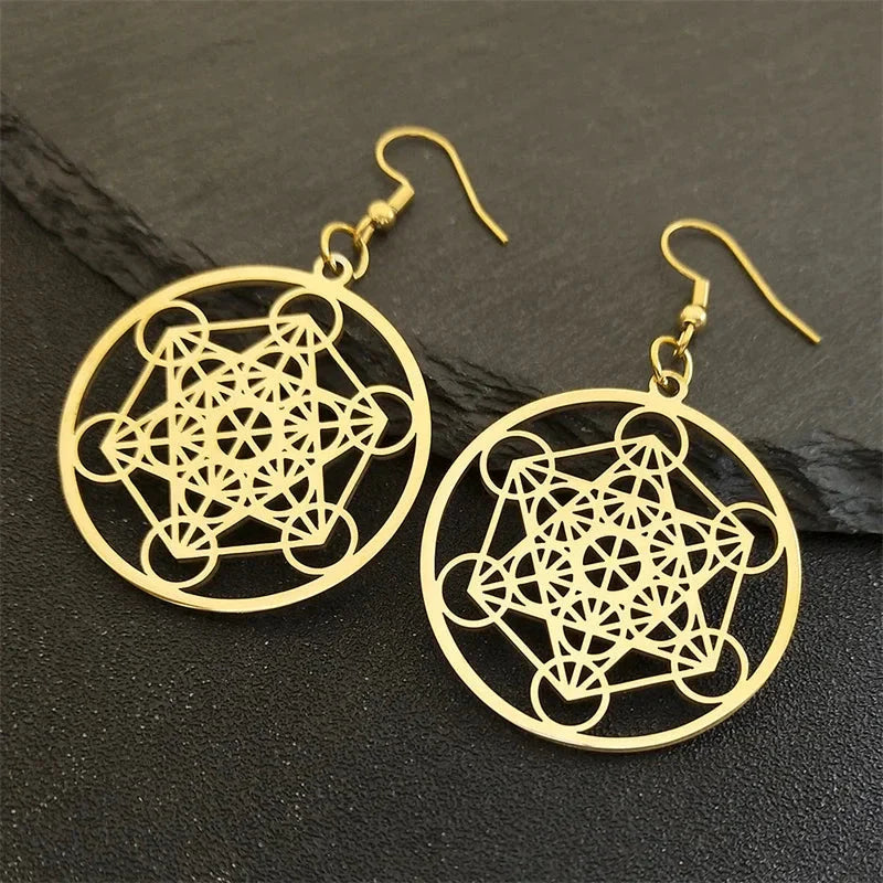 Metatron Cube Drop Earrings gold