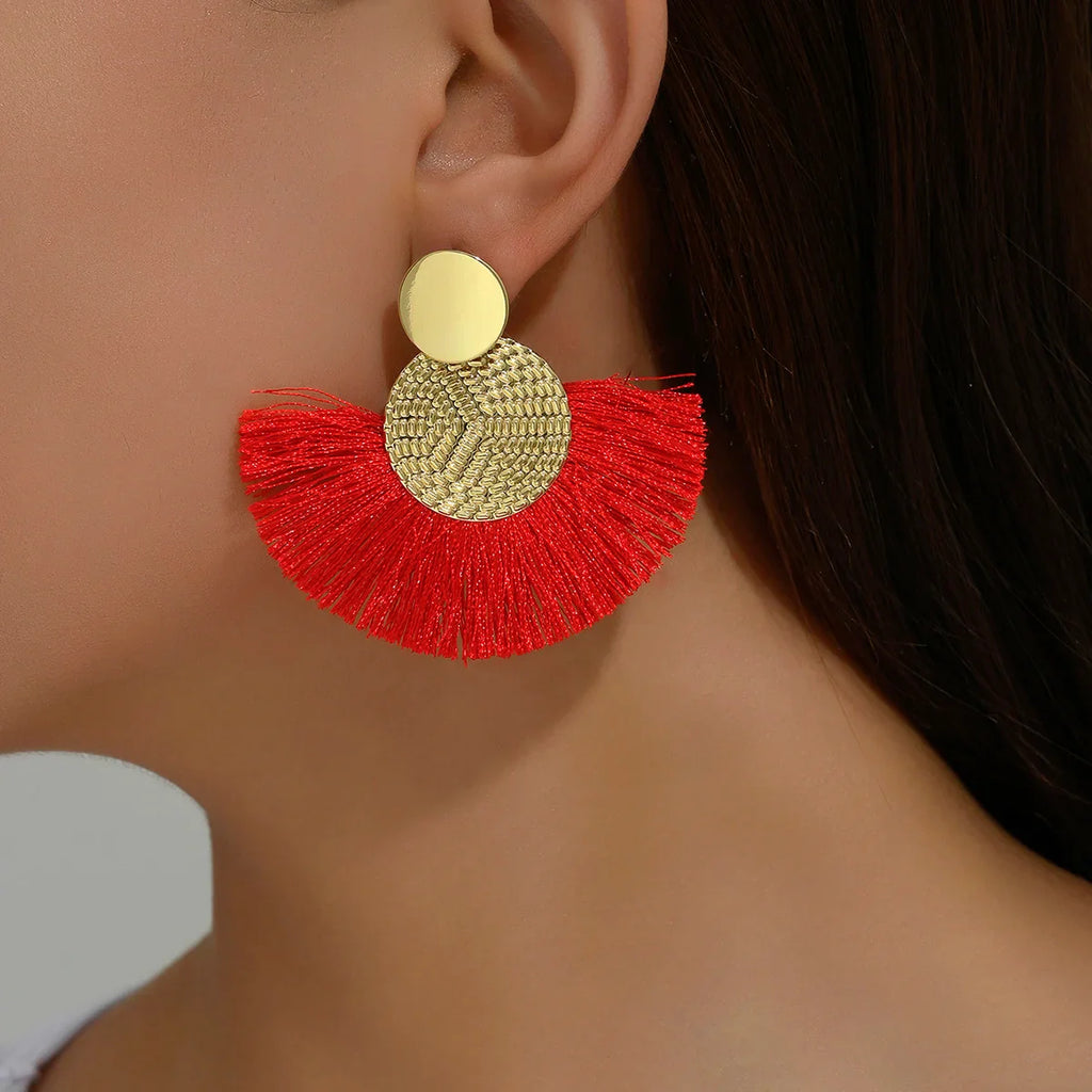 Bohemian-Style Fan Drop Earrings in Red