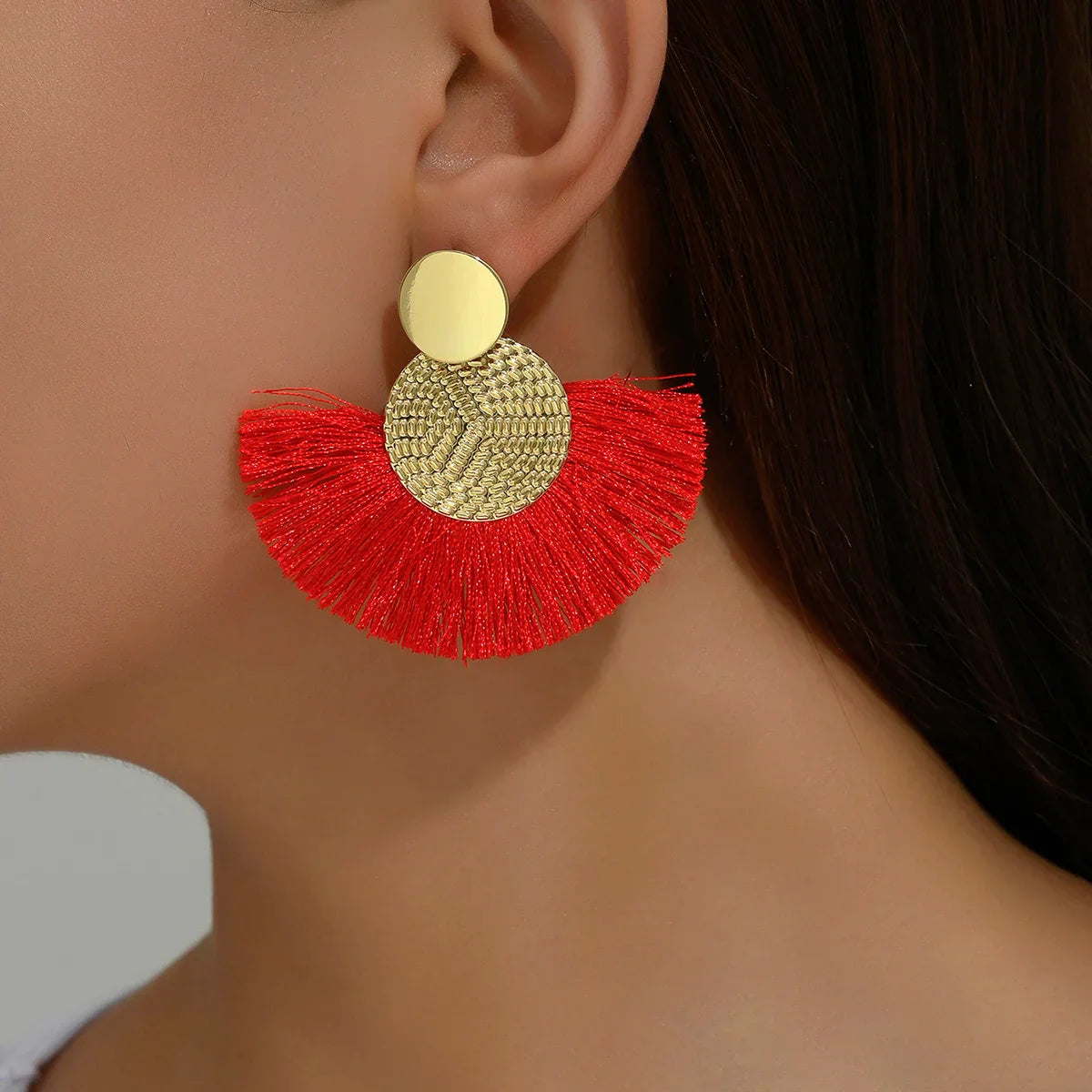 Bohemian-Style Fan Drop Earrings in Red