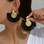Bohemian-Style Fan Drop Earrings in Black