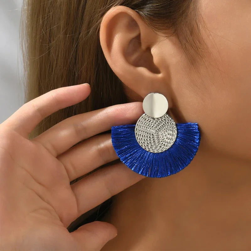 Bohemian-Style Fan Drop Earrings in Blue