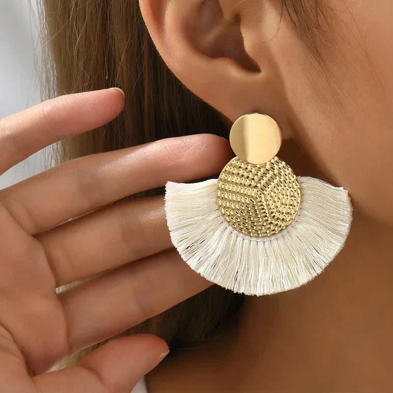 Bohemian-Style Fan Drop Earrings in White