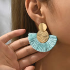 Bohemian-Style Fan Drop Earrings in Light Blue