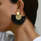 Bohemian-Style Fan Drop Earrings in Black