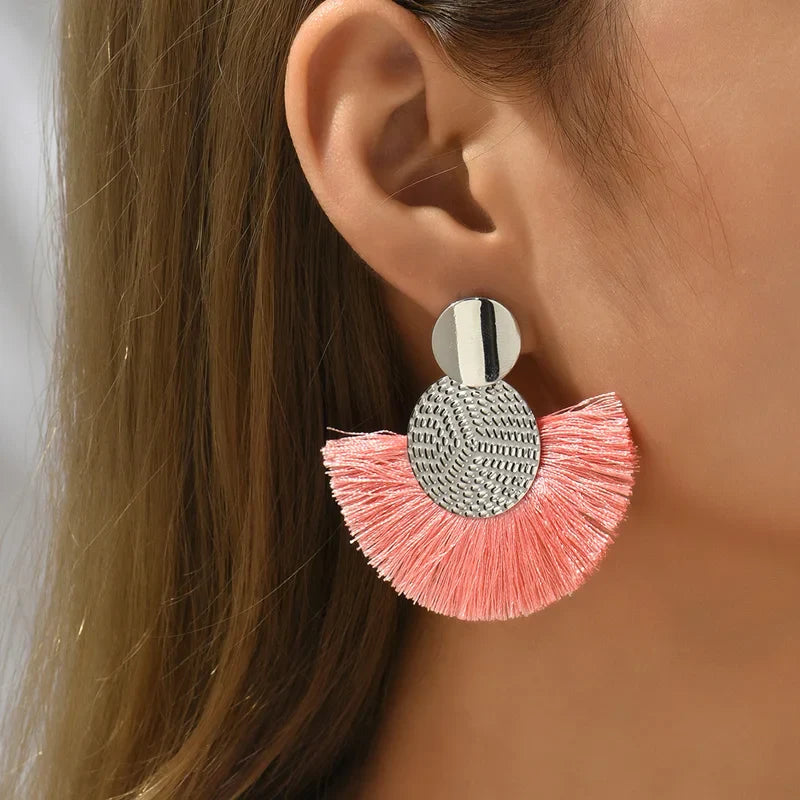 Bohemian-Style Fan Drop Earrings in Pink
