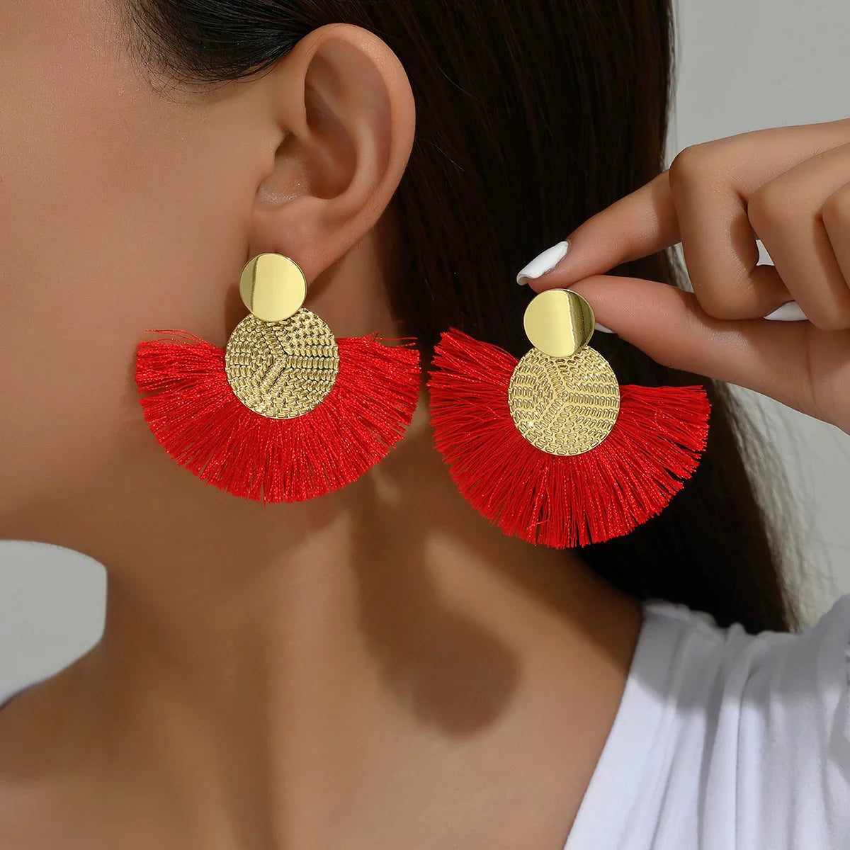 Bohemian-Style Fan Drop Earrings in Red