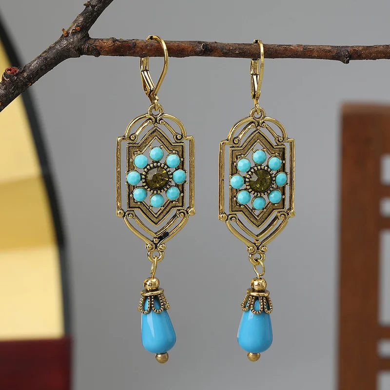 Asymmetrical Ethnic Blue Dangle Earrings