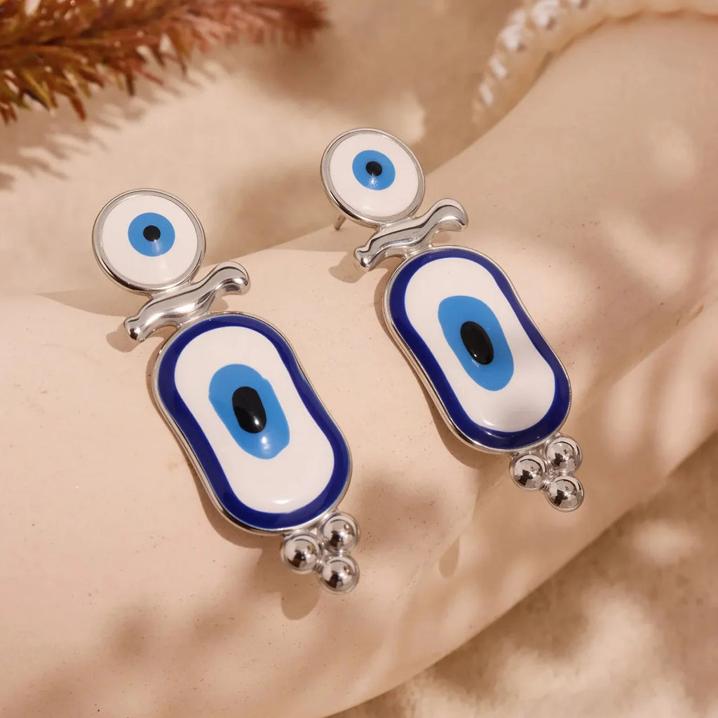 Ethnic Blue Eye Dangle Earrings silver