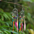 Ethnic Feather Drop Earrings Colored Women Silver