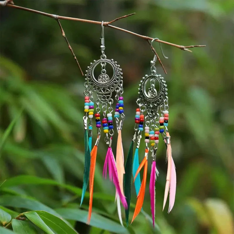 Ethnic Feather Drop Earrings Colored Women Silver