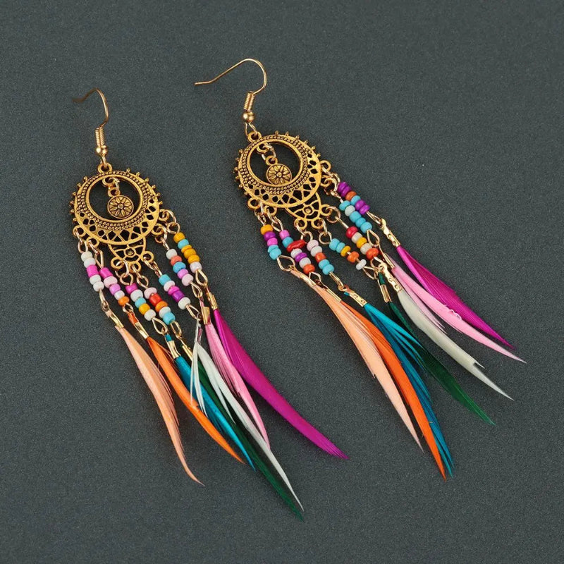 Ethnic Feather Drop Earrings Colored Women Gold