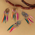 Ethnic Feather Drop Earrings Colored Women Silver