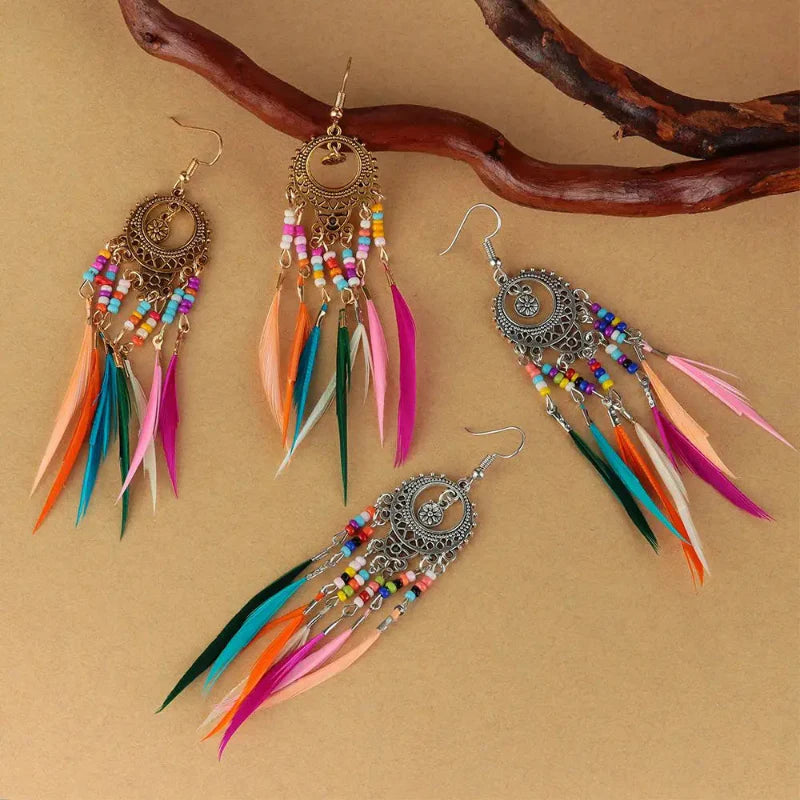 Ethnic Feather Drop Earrings Colored Women Silver