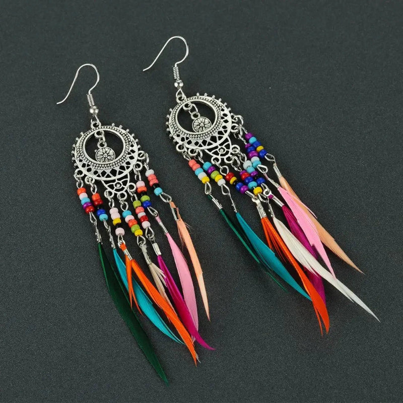 Ethnic Feather Drop Earrings Colored Women Silver