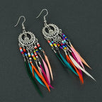 Ethnic Feather Drop Earrings Colored Women Silver