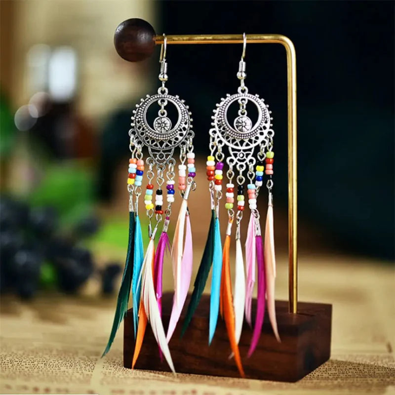 Ethnic Feather Drop Earrings Colored Women Silver