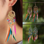 Ethnic Feather Drop Earrings Colored Women Gold
