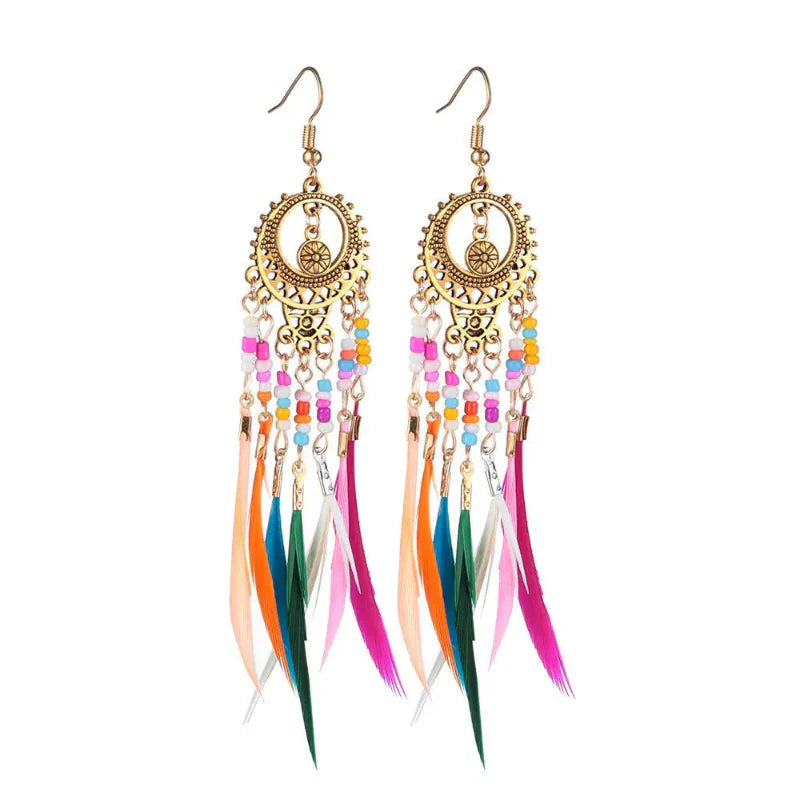 Ethnic Feather Drop Earrings Colored Women Gold