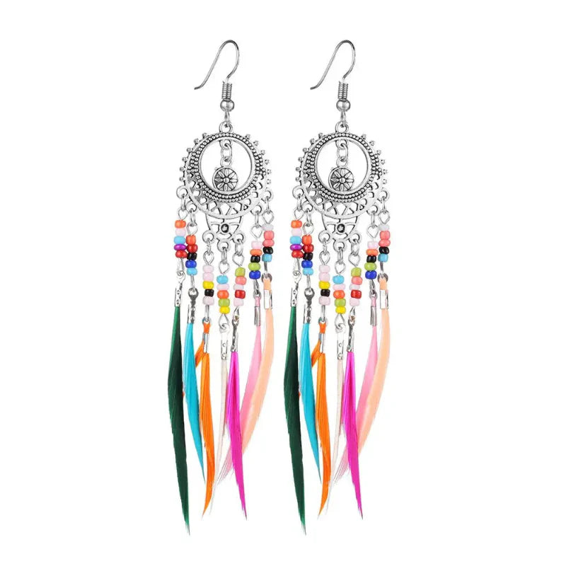 Ethnic Feather Drop Earrings Colored Women Silver