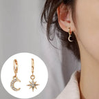 Star and Moon Zircon Drop Earrings in Gold