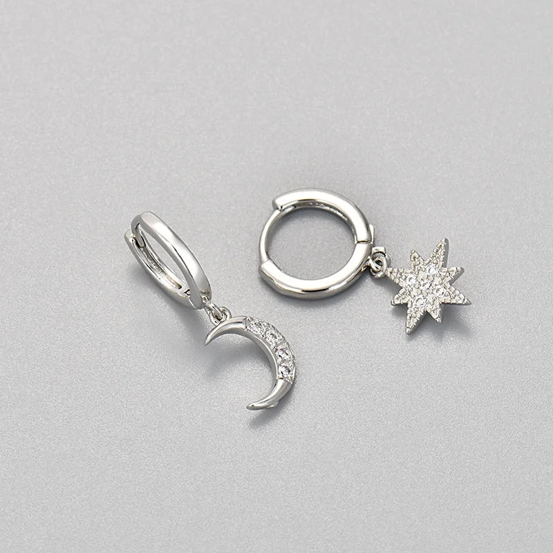 Star and Moon Zircon Drop Earrings in Silver
