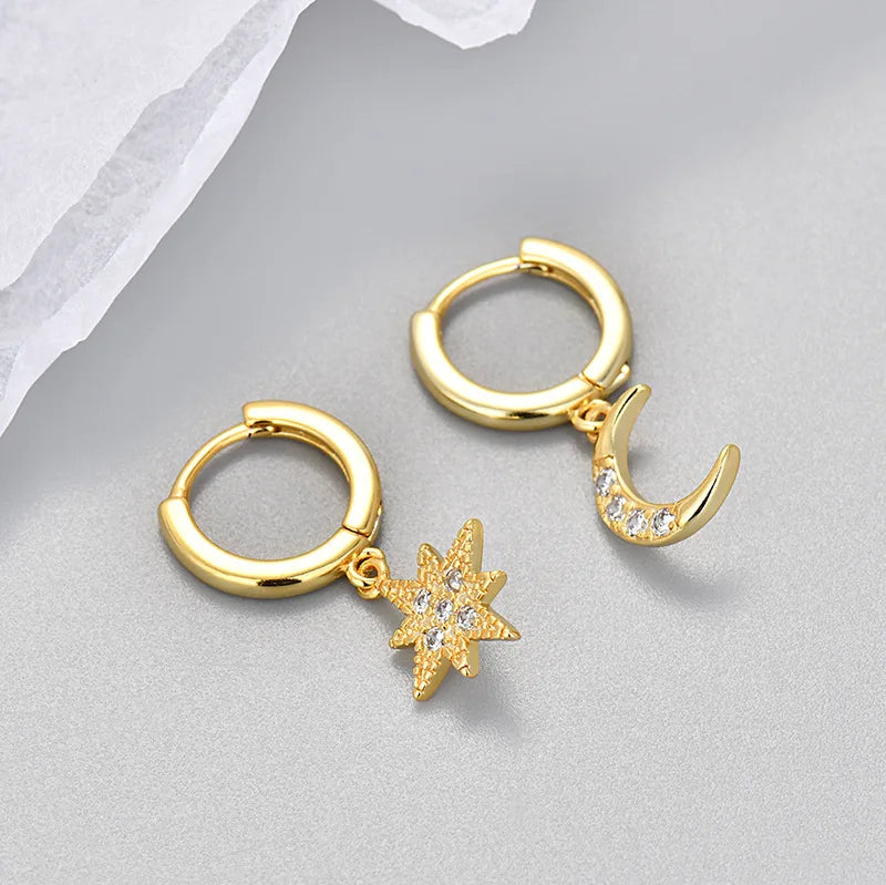 Star and Moon Zircon Drop Earrings in Gold
