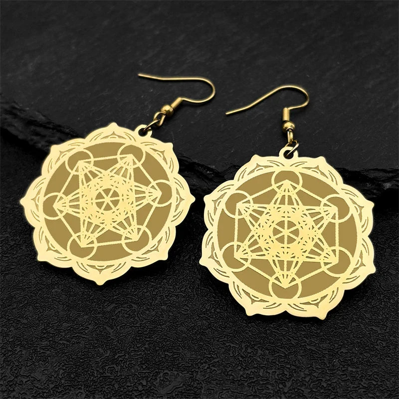 Women's Hanging Earrings Metatron's Cube Gold