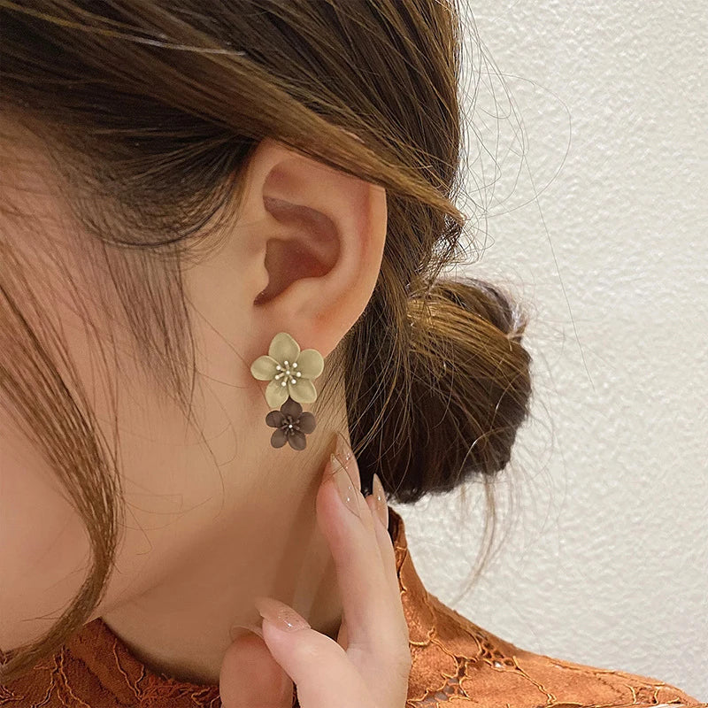 Beige and Brown Floral Drop Earrings