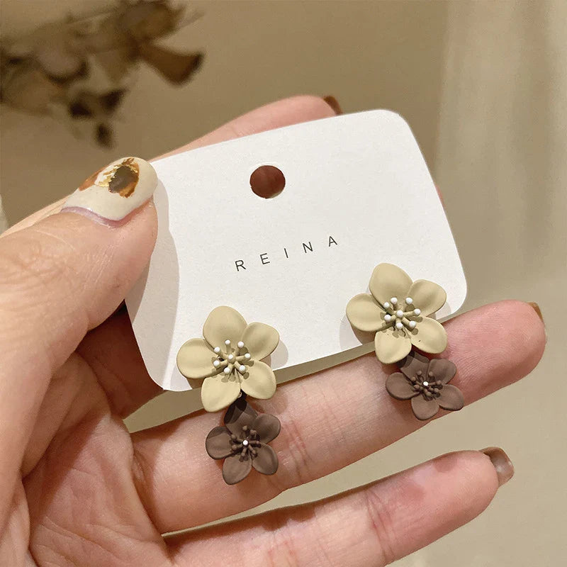 Beige and Brown Floral Drop Earrings