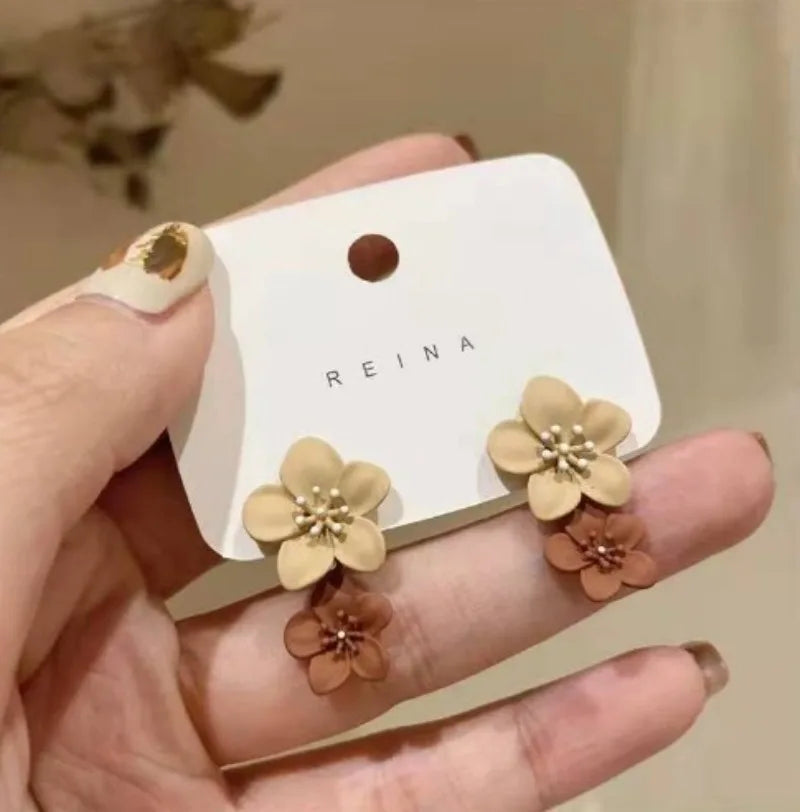Beige and Brown Floral Drop Earrings