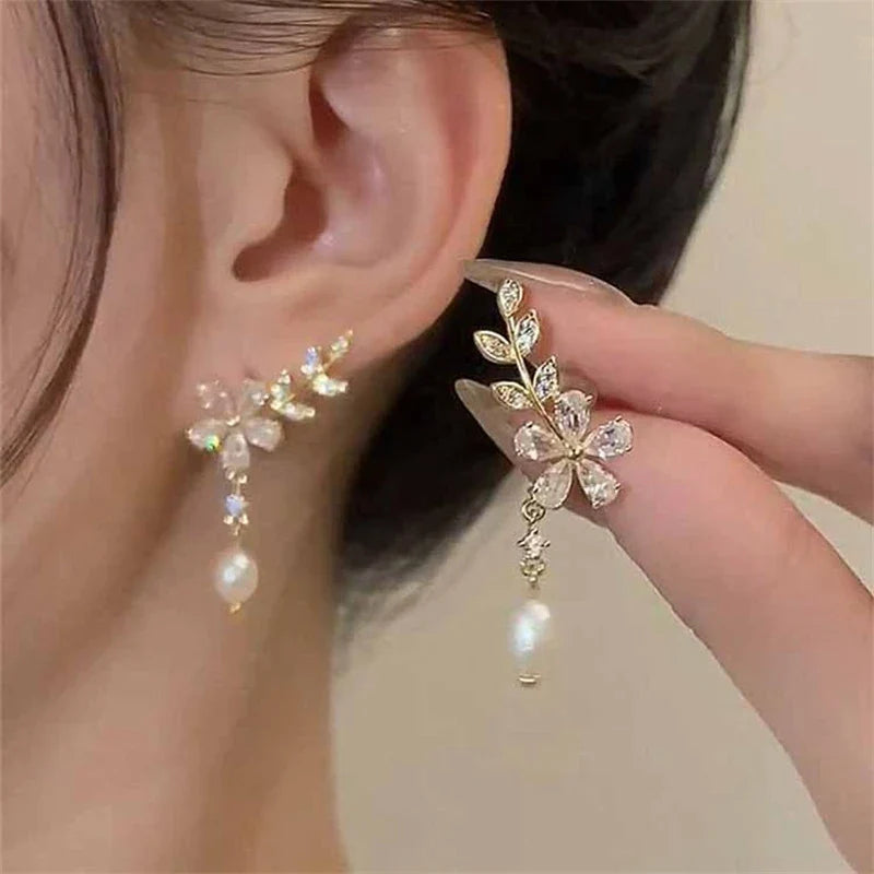 White Crystal Flower Drop Earrings