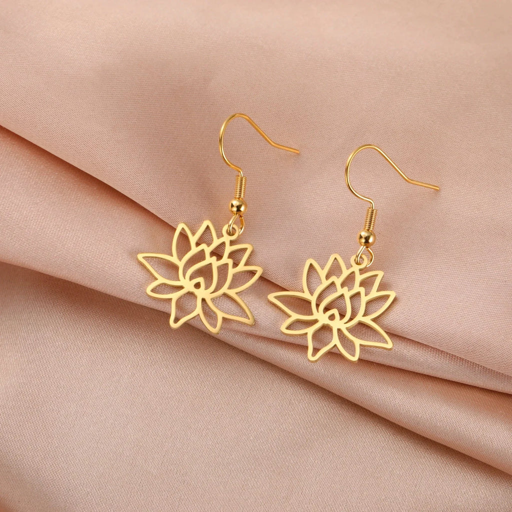 Lotus Flower Drop Earrings for Women Gold