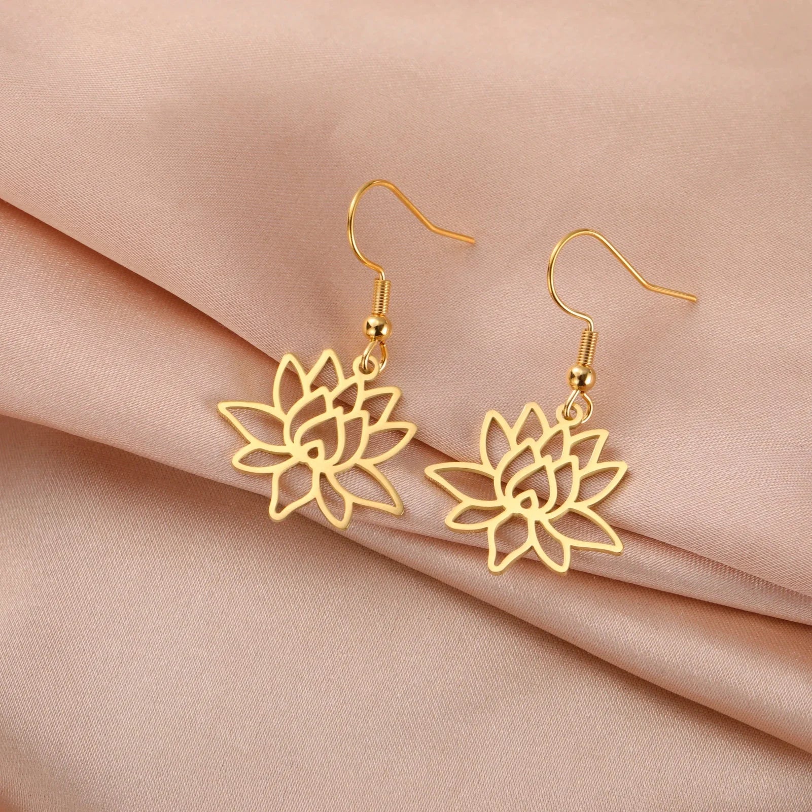 Lotus Flower Drop Earrings for Women Gold