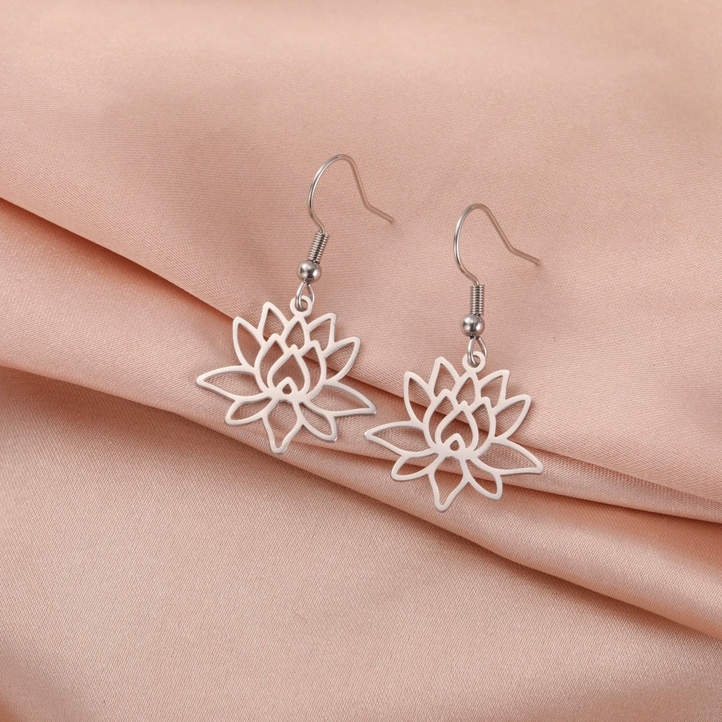 Lotus Flower Drop Earrings for Women Silver