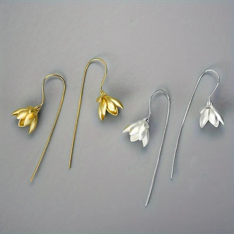 Magnolia Flower Drop Earrings silver