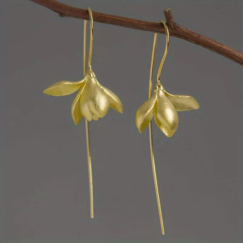 Magnolia Flower Drop Earrings gold
