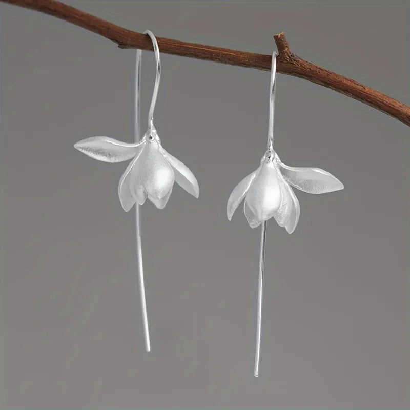 Magnolia Flower Drop Earrings silver