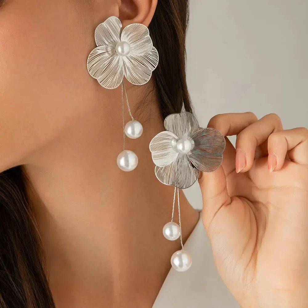 Silver Flower and Pearl Drop Earrings