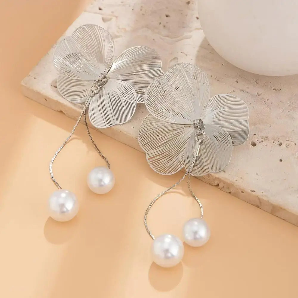 Silver Flower and Pearl Drop Earrings