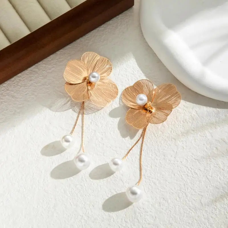 Gold Flower and Pearl Drop Earrings