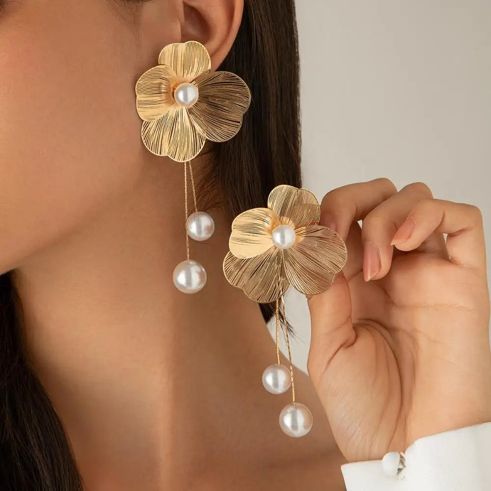 Gold Flower and Pearl Drop Earrings