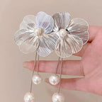 Silver Flower and Pearl Drop Earrings