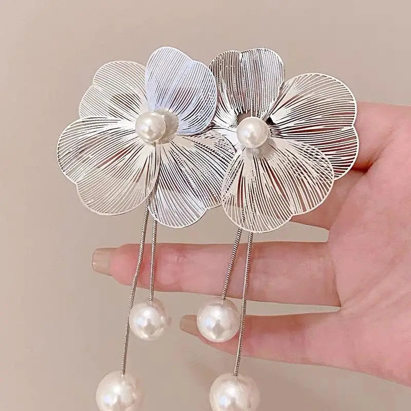 Silver Flower and Pearl Drop Earrings
