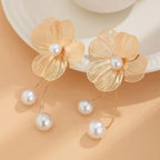 Gold Flower and Pearl Drop Earrings
