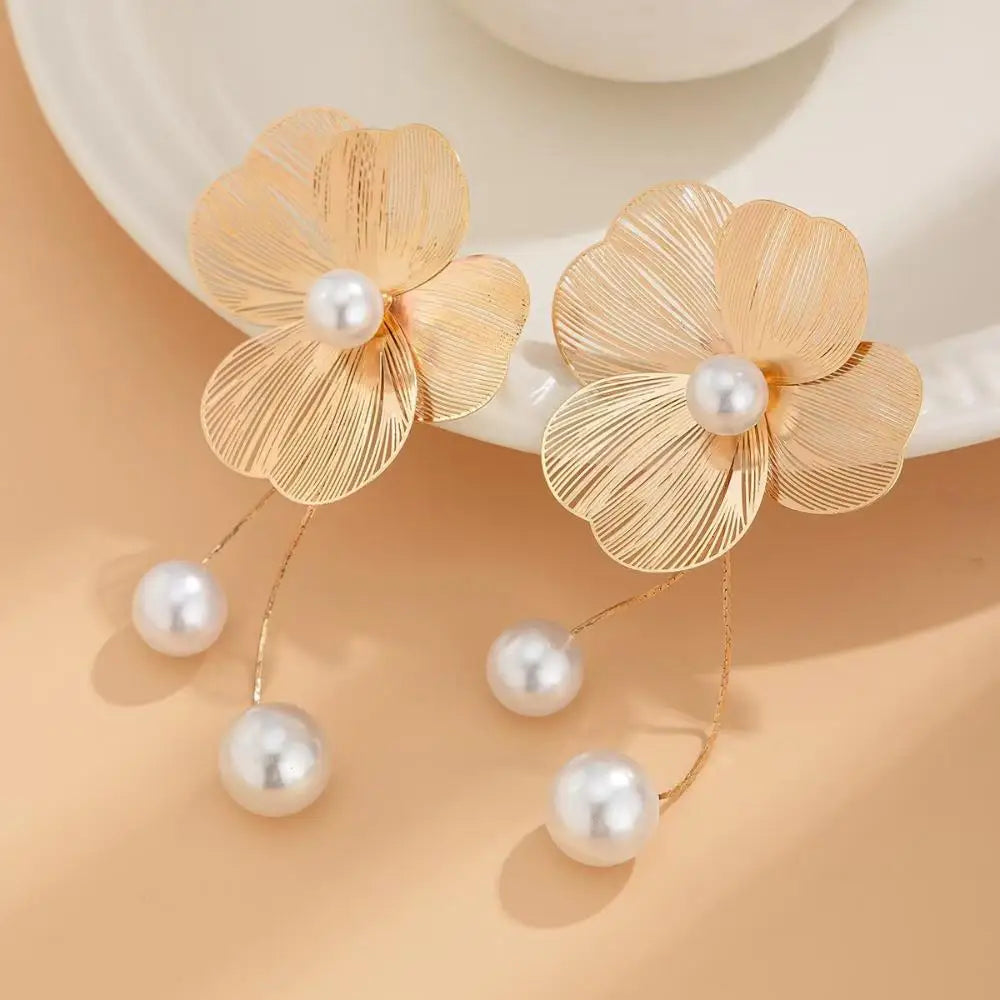 Gold Flower and Pearl Drop Earrings